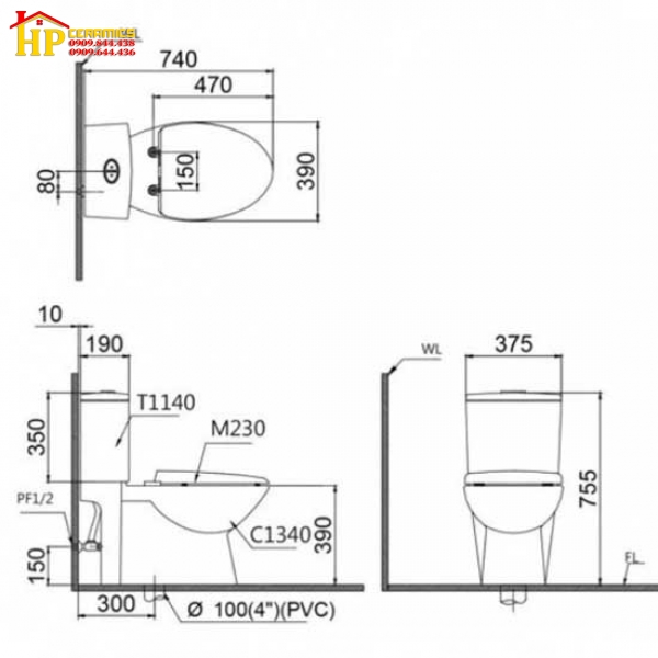 BÀN CẦU HAI KHỐI NẮP CƠ CAESAR CD1340+TAF060 CHÍNH HÃNG