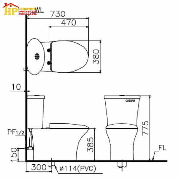 BÀN CẦU HAI KHỐI CAESAR  CD1341 CHÍNH HÃNG