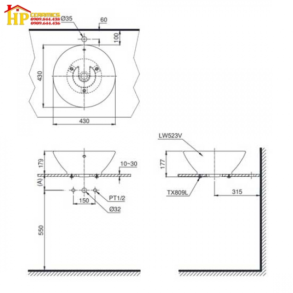 CHẬU LAVABO ĐẶT BÀN TOTO LT523S CHÍNH HÃNG