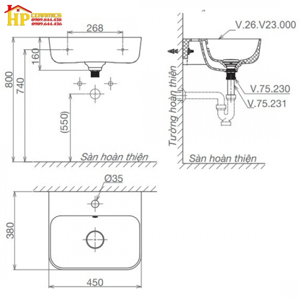 CHẬU LAVABO TREO TƯỜNG VIGLACERA V23 CHÍNH HÃNG