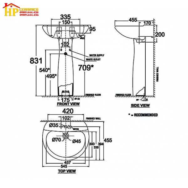 CHẬU LAVABO TREO TƯỜNG CHÂN DÀI AMERICAN STANDARD VF-0800/ VF-0901 CHÍNH HÃNG