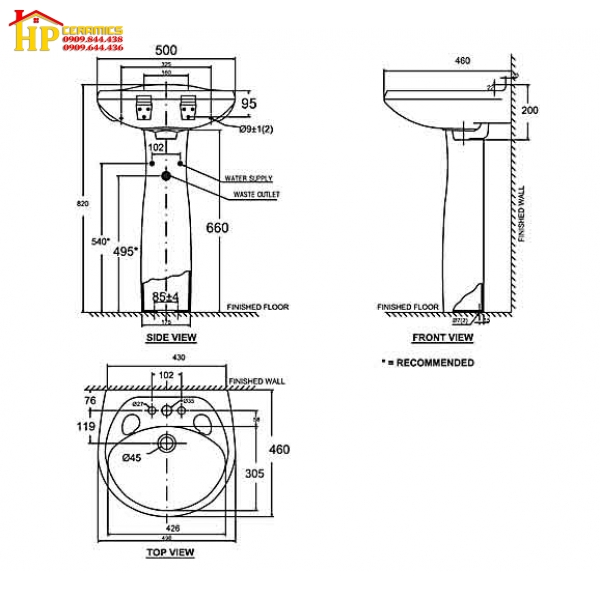 CHẬU LAVABO TREO TƯỜNG CHÂN DÀI AMERICAN STANDAR VF-0969/VF-0901 CHÍNH HÃNG
