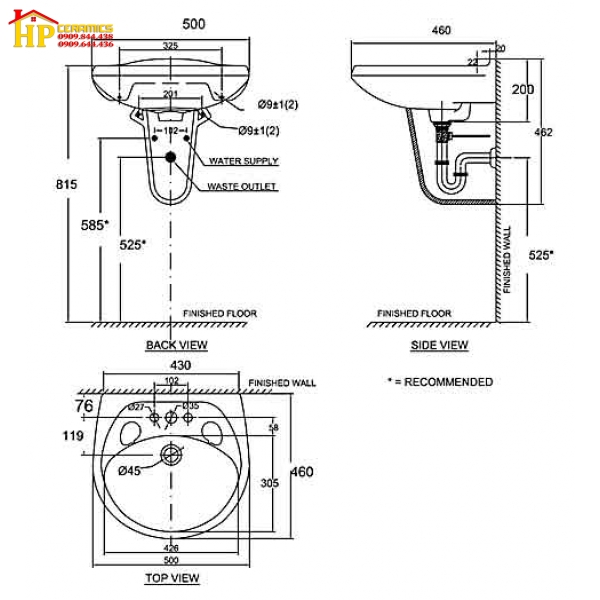 CHẬU LAVABO TREO TƯỜNG CHÂN NGẮN AMERICAN STANDARD VF-0969/ VF-0912 CHÍNH HÃNG