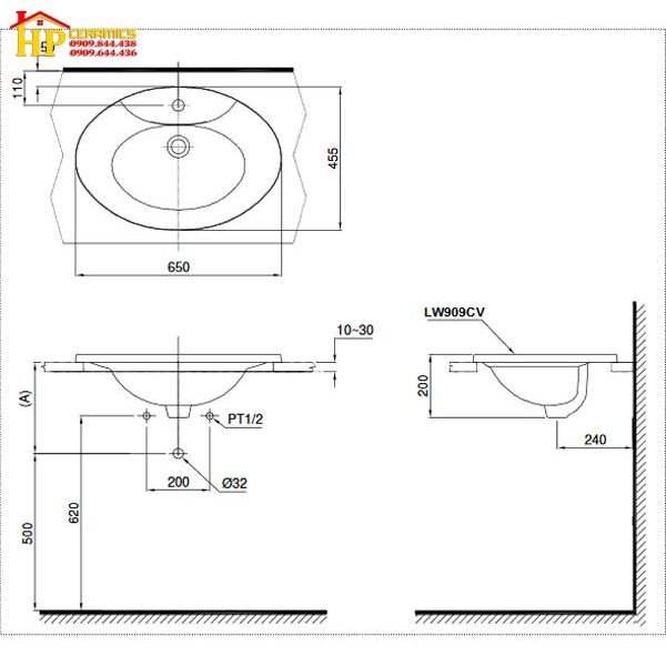 CHẬU LAVABO ÂM BÀN TOTO L909C CHÍNH HÃNG
