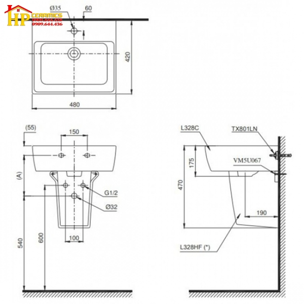 LAVABO TREO TƯỜNG TOTO LHT328C CHÍNH HÃNG