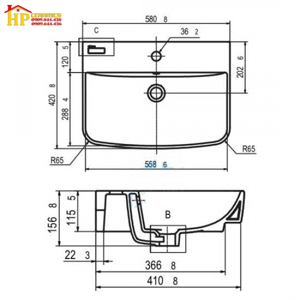 CHẬU LAVABO TREO TƯỜNG VIGLACERA V58 CHÍNH HÃNG