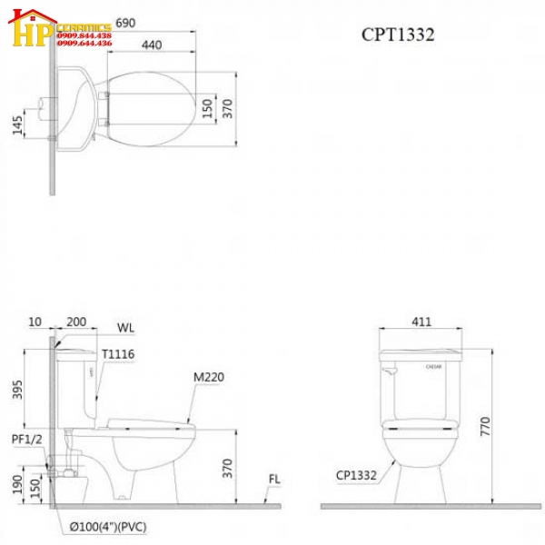 BÀN CẦU HAI KHỐI THOÁT NGANG CAESAR CPT1332 CHÍNH HÃNG