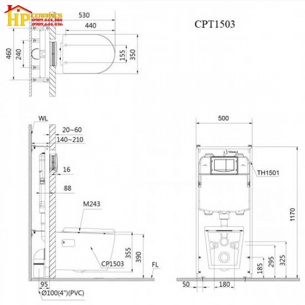 BÀN CẦU TREO TƯỜNG CAESAR CPT1503 CHÍNH HÃNG