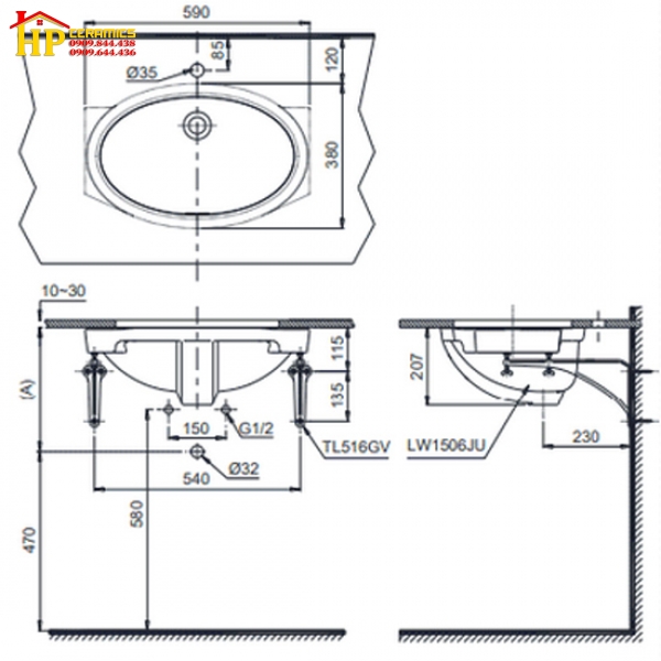 CHẬU LAVABO ÂM BÀN TOTO LW1506V-TL516GV CHÍNH HÃNG