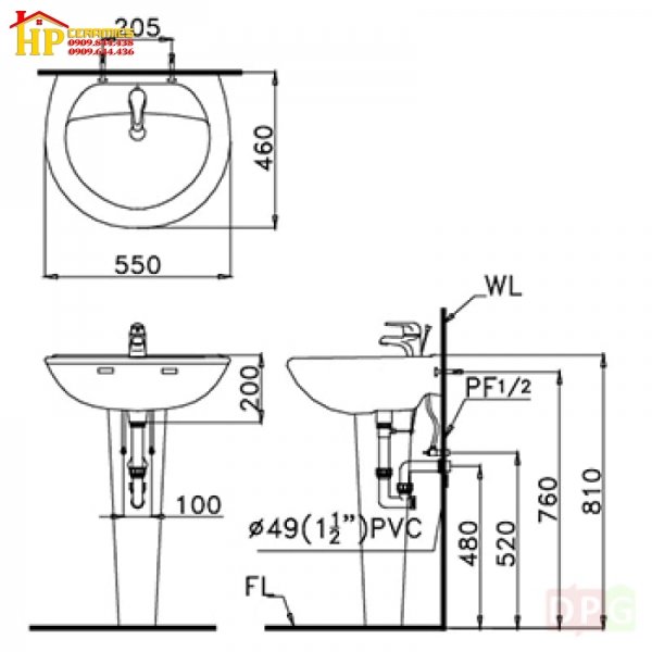 LAVABO TREO TƯỜNG CHÂN ĐỨNG CAESAR L2220+P2437 CHÍNH HÃNG