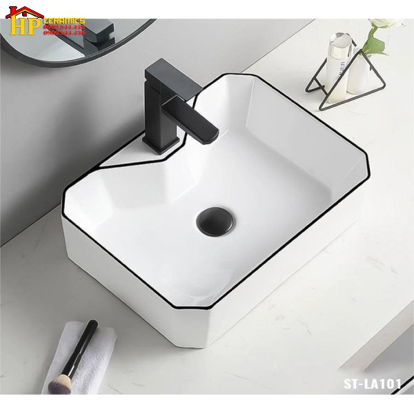 LAVABO ĐẶT BÀN VUÔNG TRẮNG CHỈ ĐEN LA101 CAO CẤP GIÁ RẺ
