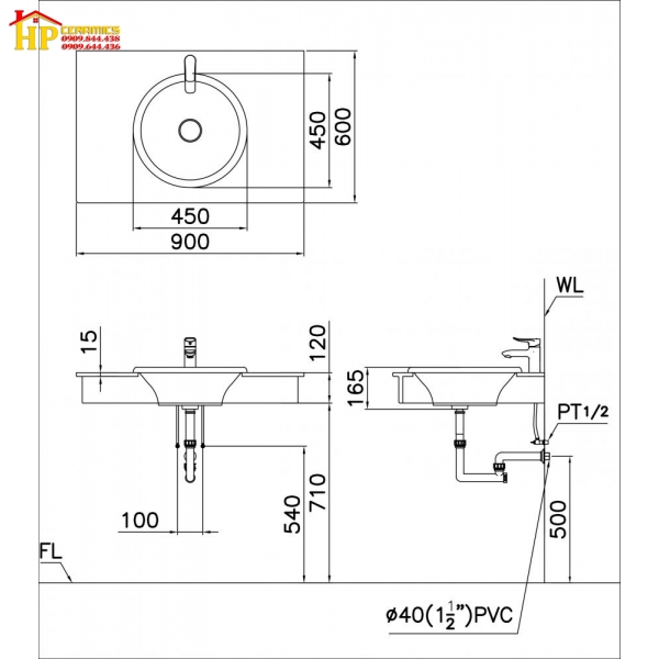 CHẬU LAVABO ÂM BÀN CAESAR LF5016 CHÍNH HÃNG