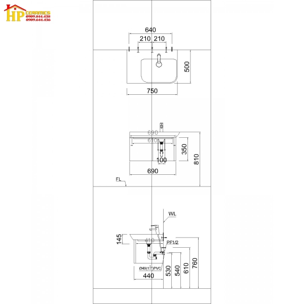 TỦ LAVABO CAESAR LF5374+EH05374AV CHÍNH HÃNG