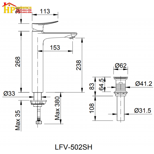 VÒI LAVABO NÓNG LẠNH 30CM INAX LFV-502SH CHÍNH HÃNG