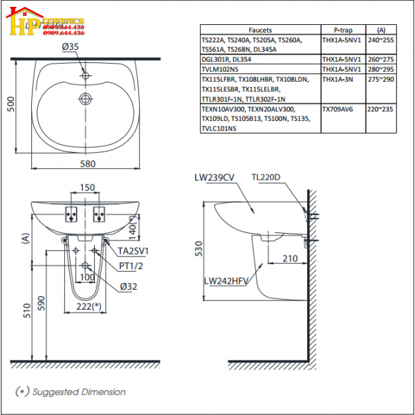 CHẬU LAVABO TREO TƯỜNG CHÂN TREO TOTO LHT239C CHÍNH HÃNG