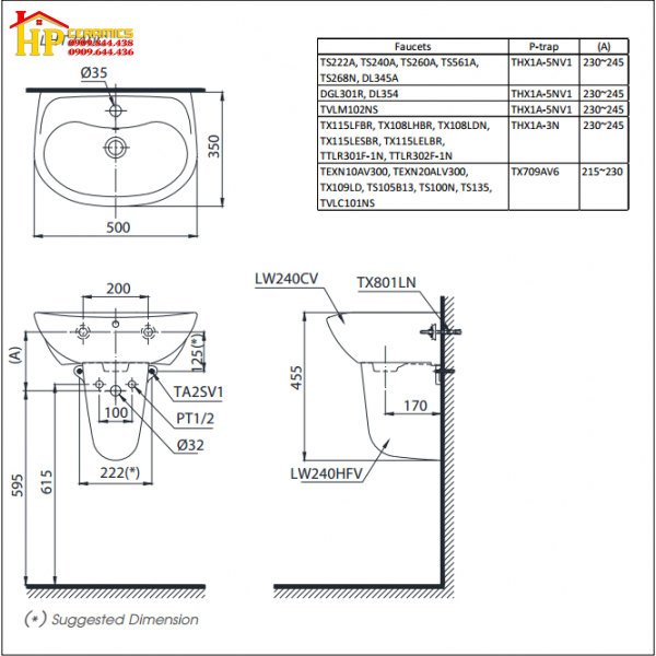 CHẬU LAVABO CHÂN TREO TOTO LHT240CS CHÍNH HÃNG