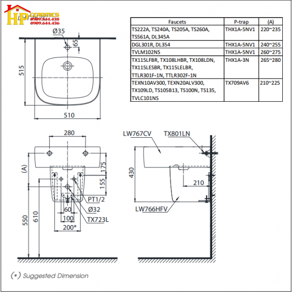 CHẬU LAVABO TREO TƯỜNG CHÂN TREO TOTO  LHT767CRXW CHÍNH HÃNG