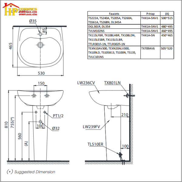 CHẬU LAVABO TREO TƯỜNG CHÂN DÀI TOTO LPT236C CHÍNH HÃNG