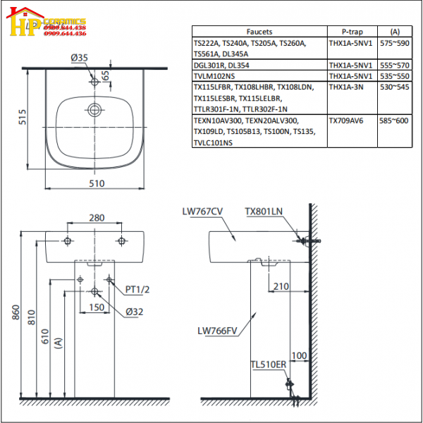 LAVABO TREO TƯỜNG CHÂN DÀI TOTO LPT767C CHÍNH HÃNG
