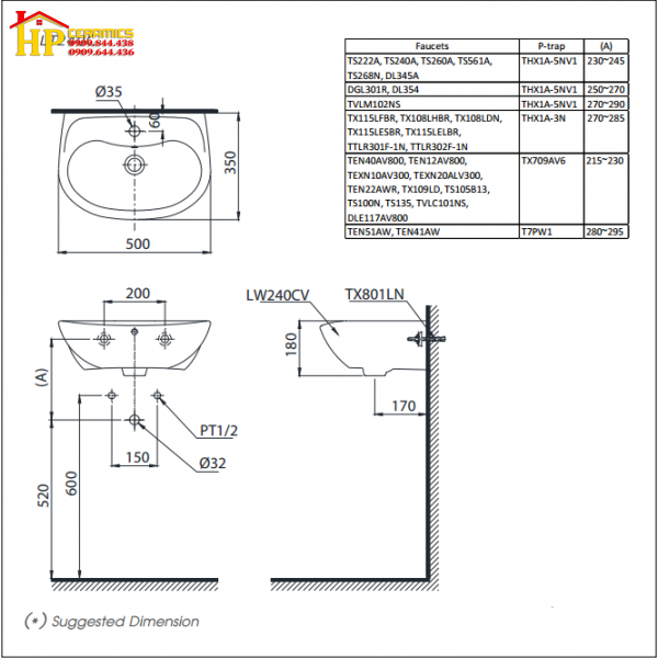 CHẬU LAVABO TREO TƯỜNG TOTO LT240CS CHÍNH HÃNG