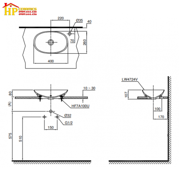 CHẬU LAVABO ĐẶT BÀN TOTO  LT4724 CHÍNH HÃNG
