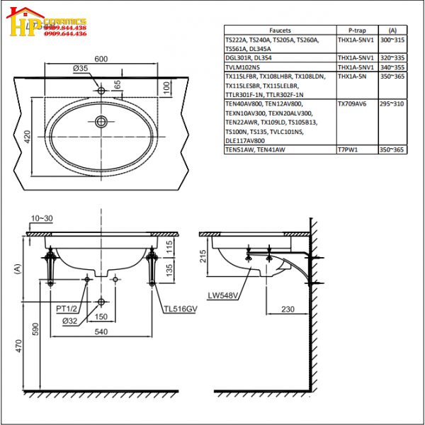 CHẬU LAVABO ÂM BÀN TOTO  LT548XW CHÍNH HÃNG