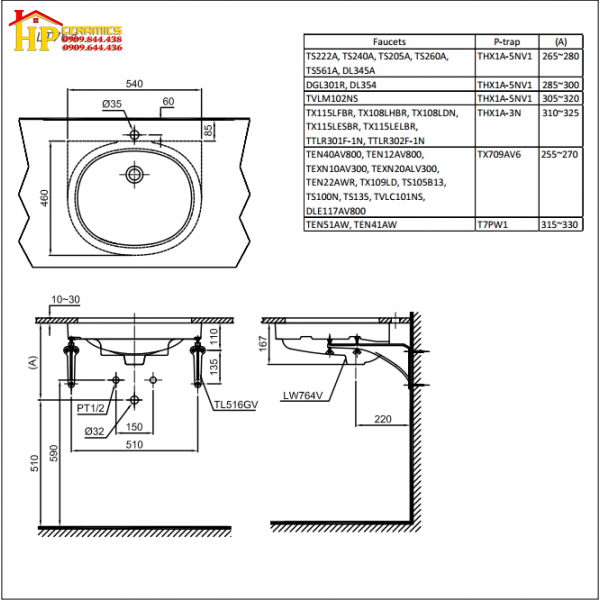 CHẬU LAVABO ÂM BÀN TOTO  LT764 CHÍNH HÃNG
