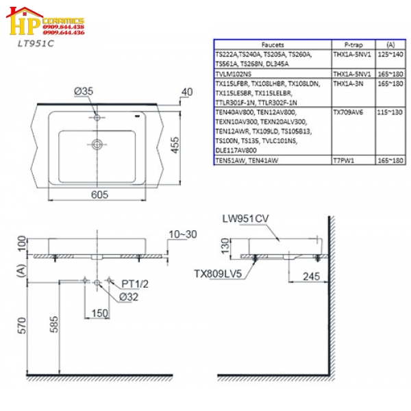 CHẬU LAVABO ĐẶT BÀN TOTO LT951C CHÍNH HÃNG