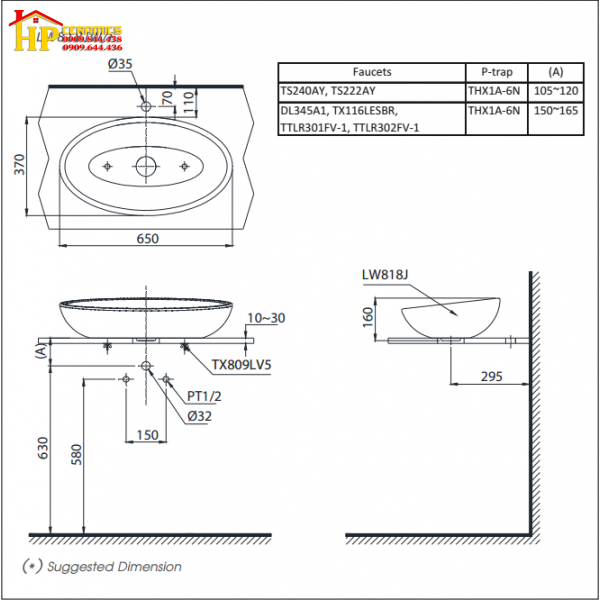 CHẬU LAVABO ĐẶT BÀN TOTO LW818JW/F CHÍNH HÃNG