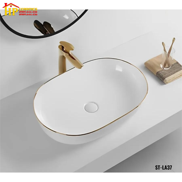 LAVABO ĐẶT BÀN OVAN TRẮNG VIỀN VÀNG LA37 CAO CẤP GIÁ RẺ