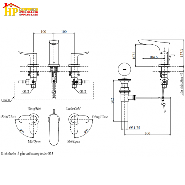 VÒI LAVABO NÓNG LẠNH 3 LỖ TOTO  TLG01201B CHÍNH HÃNG