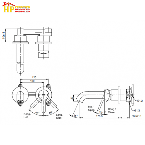 VÒI LAVABO ÂM TƯỜNG NÓNG LẠNH TOTO  TLS01309B CHÍNH HÃNG