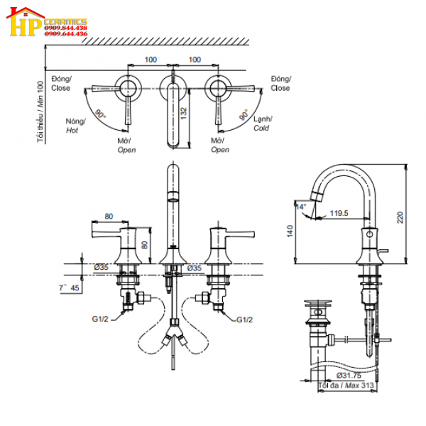 VÒI LAVABO NÓNG LẠNH 3 LỖ TOTO TLS02201B CHÍNH HÃNG