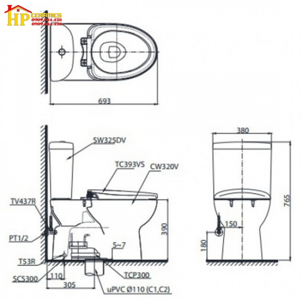 BÀN CẦU HAI KHỐI TOTO CS325DRT10 NẮP TC395VS CHÍNH HÃNG