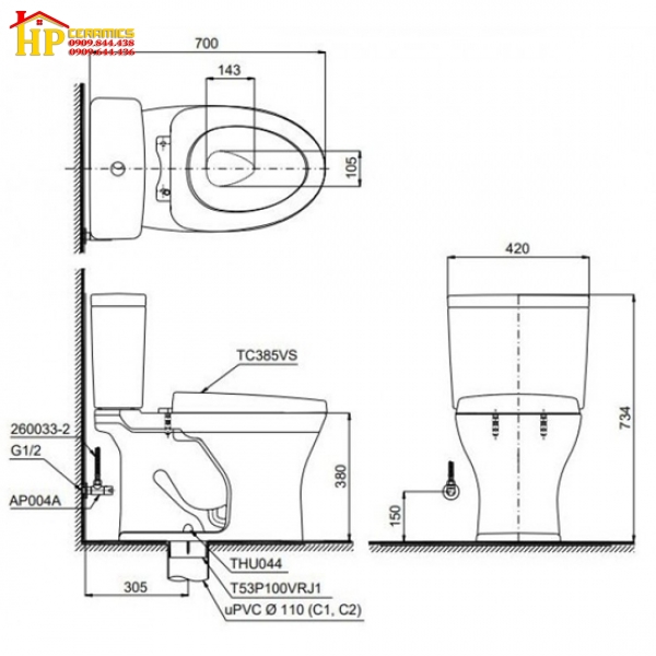 BÀN CẦU KHỐI HAI KHỐI TOTO CS735DT3 CHÍNH HÃNG 