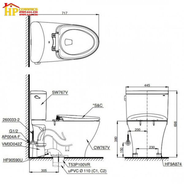 BÀN CẦU HAI KHỐI TOTO CS767RT10 NẮP TC385VS CHÍNH HÃNG
