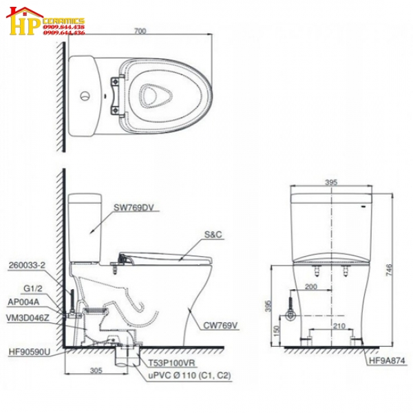 BÀN CẦU HAI KHỐI TOTO  CS769DRT10 NẮP ÊM TC395VS CHÍNH HÃNG