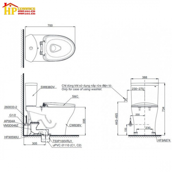 BÀN CẦU HAI KHỐI TOTO CS838DT10 NẮP ÊM TC395VS CHÍNH HÃNG