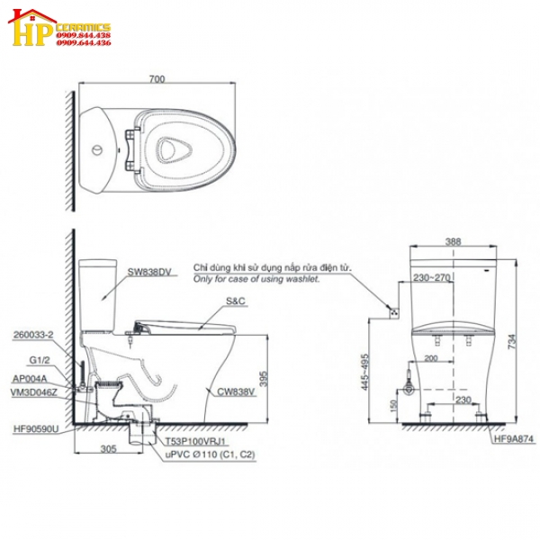 BÀN CẦU HAI KHỐI TOTO  CS838DT8 CHÍNH HÃNG