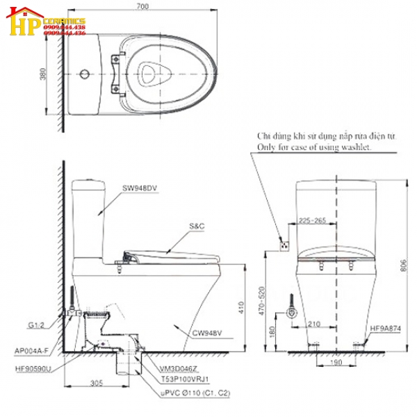 BÀN CẦU HAI KHỐI TOTO CS948DT10 NẮP ÊM TC395VS CHÍNH HÃNG