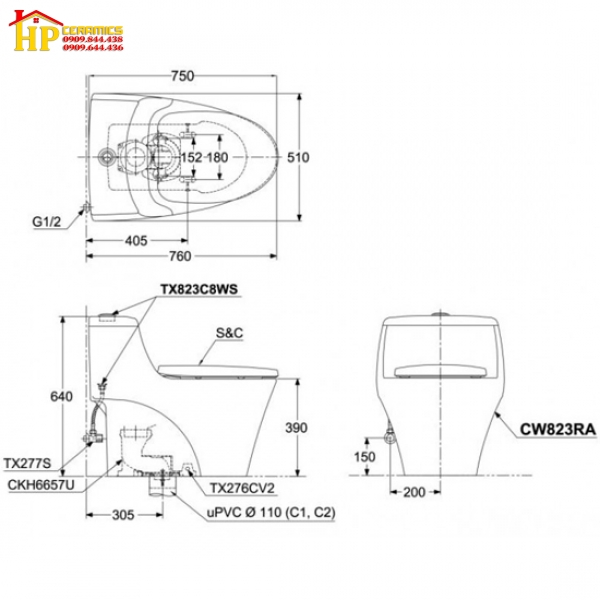 BÀN CẦU KHỐI TOTO CW823RAT2 NẮP TC393VS CHÍNH HÃNG