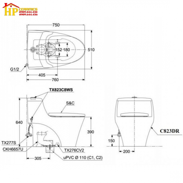 BÀN CẦU KHỐI TOTO  MS823DRT8 NẮP TC600VS CHÍNH HÃNG