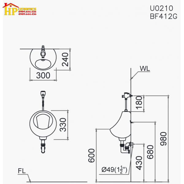 BỒN TIỂU TREO TƯỜNG CAESAR U0210 CHÍNH HÃNG
