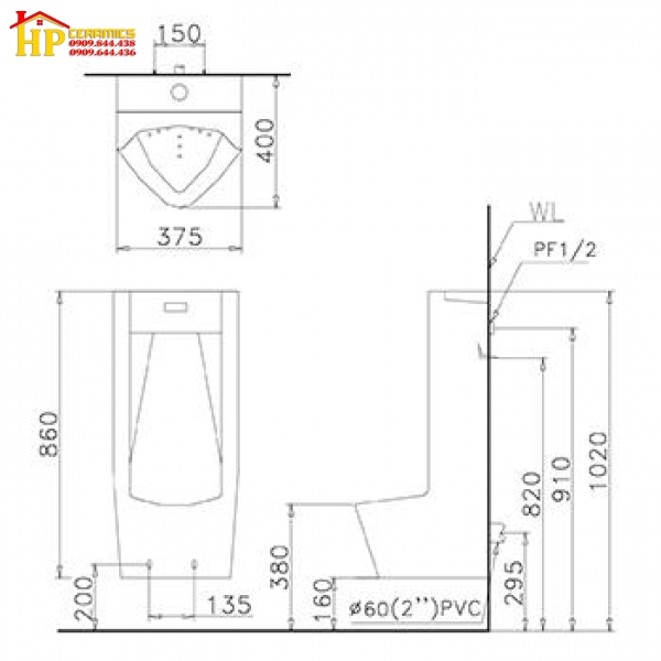 BỒN TIỂU TREO TƯỜNG KÈM CẢM ỨNG CAESAR UMP0283 CHÍNH HÃNG