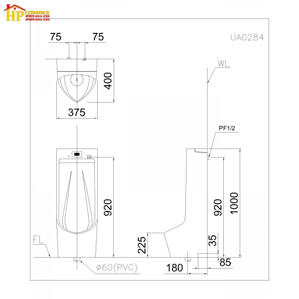 BỒN TIỂU ĐẶT SÀN CẢM ỨNG CAESAR UMP0284 CHÍNH HÃNG