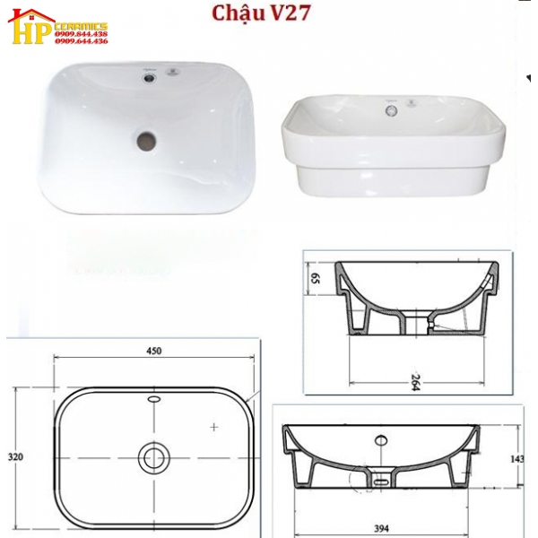 CHẬU LAVABO ĐẶT BÀN VIGLACERA V27 CHÍNH HÃNG