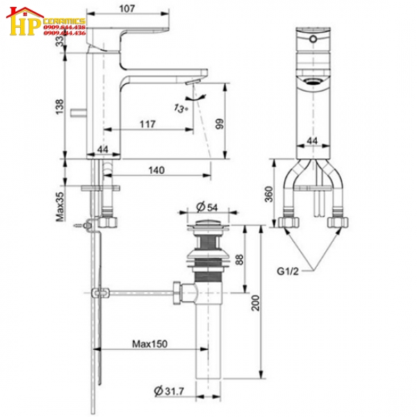 VÒI LAVABO NÓNG LẠNH MẠ ĐEN AMERICAN STANDARD  WF-1301MB  CHÍNH HÃNG