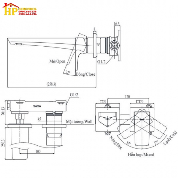 VÒI LAVABO ÂM TƯỜNG TOTO NÓNG LẠNH TLG07308BB CHÍNH HÃNG