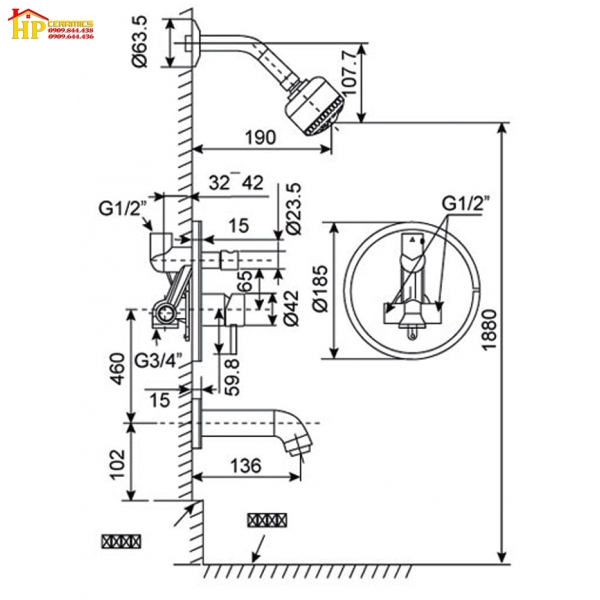 SEN TẮM ÂM TƯỜNG AMERICAN STANDARD WF-2621 CHÍNH HÃNG