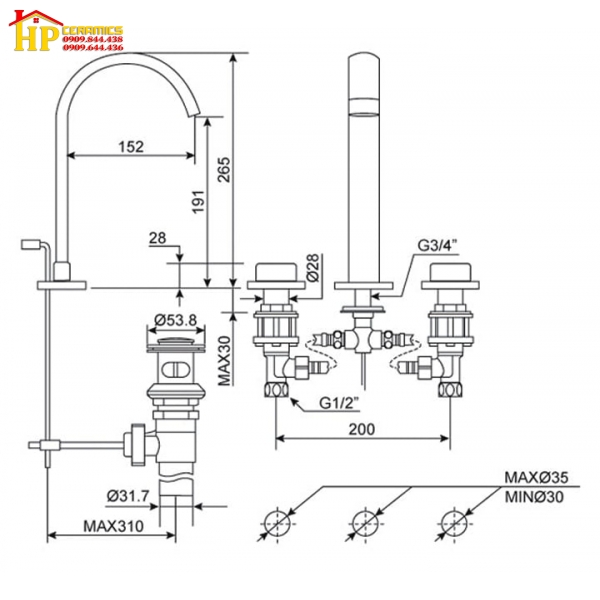 VÒI LAVABO NÓNG LẠNH 3 LỖ AMERICAN STANDARD WF-3232 CHÍNH HÃNG